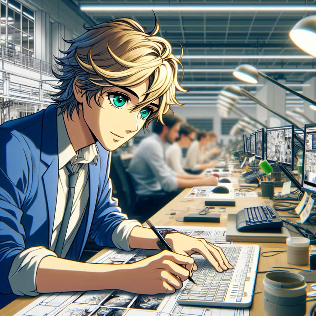 imagine in anime seraph of the end like look showing an anime boy with messy blond hair and green eyes working in deutsche tiktok agentur