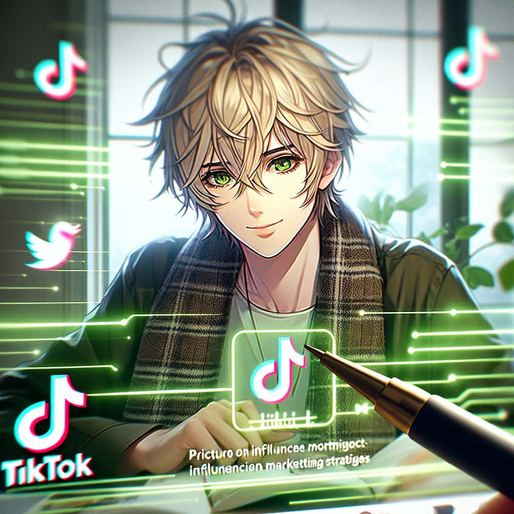 imagine in anime seraph of the end like look showing an anime boy with messy blond hair and green eyes working in influencer marketing auf tiktok