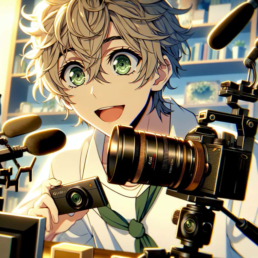 imagine in anime seraph of the end like look showing an anime boy with messy blond hair and green eyes working in produktbewertungsvideos fuer tiktok