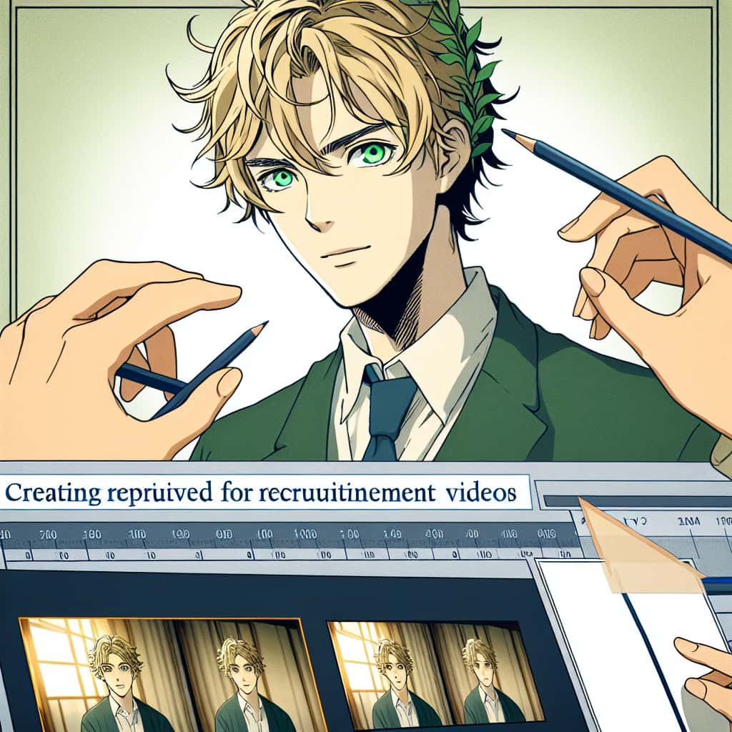 imagine in anime seraph of the end like look showing an anime boy with messy blond hair and green eyes working in rekrutierungsvideos fuer tiktok