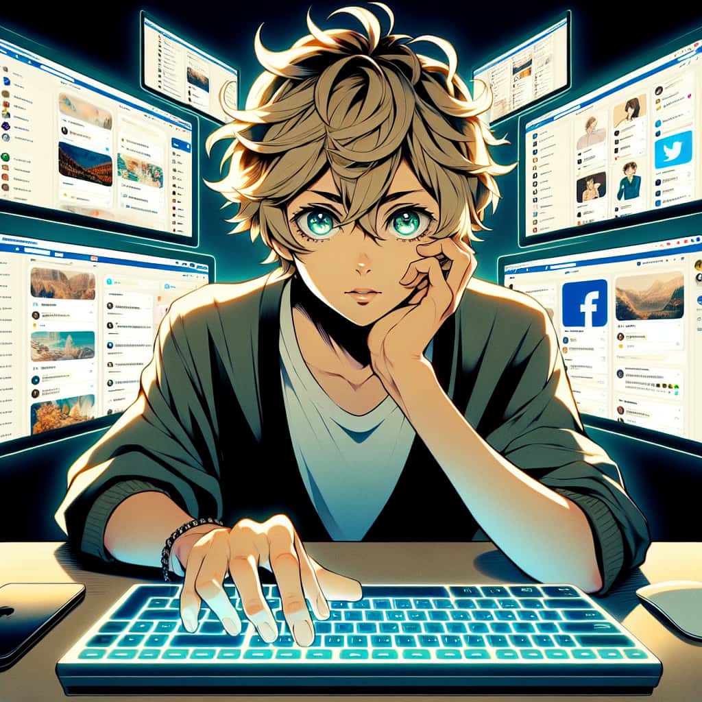 imagine in anime seraph of the end like look showing an anime boy with messy blond hair and green eyes working in social media